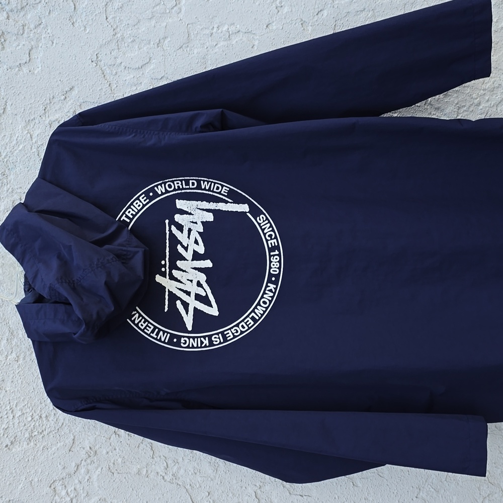 Stussy Long Hooded Navy Windbreaker Jacket Snap Closure Nylon